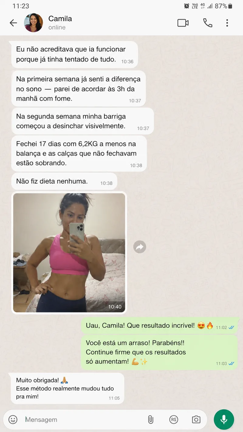Resultado de Camila em 17 dias em uma conversa do WhatsApp
