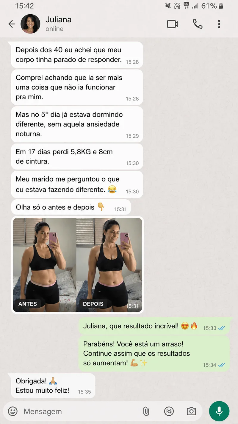 Resultado de Juliana em 17 dias em uma conversa do WhatsApp